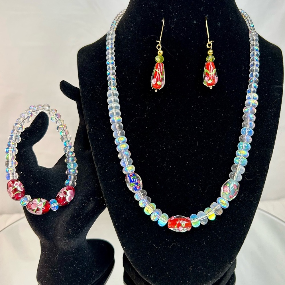 Lampwork Art Glass Beads Red, Pink, Blue, AB Glass graduated Beads Jewelry Set